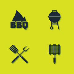 Set Barbecue fire flame, steel grid, Crossed fork and spatula and grill icon. Vector.
