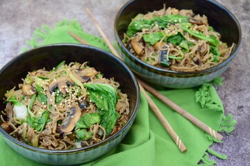 Gluten free buckwheat noodles with bok choy, mushroom and sesame seeds