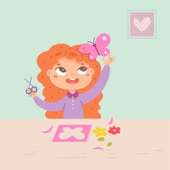 Girl making butterfly from paper in art and crafts class. Little child cutting flowers with scissors, sitting at desk in school classroom. Creative activities with tools vector illustration