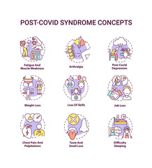 Post-covid syndrome concept icons set. Virus damage lungs, heart and brain idea thin line RGB color illustrations. Long-term health problems. Vector isolated outline drawings. Editable stroke
