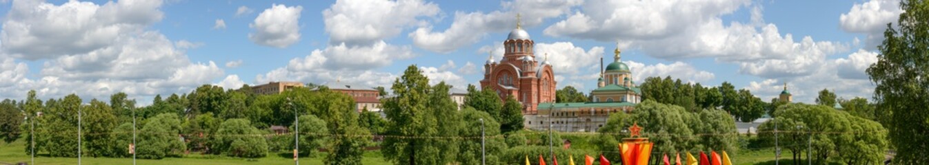 Temples of Pokrovsky monastery in Khotkovo, Moscow region, Russia.