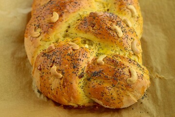 Fresh Slices of Homemade Baked Breaded Bread with Poppy Seeds and Cashew nuts
