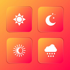 Set Sun, Moon and stars, Eclipse of the sun and Cloud with rain icon. Vector.