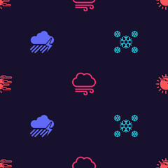 Set Snow, Cloud with rain and lightning, Windy weather and Fog sun on seamless pattern. Vector.