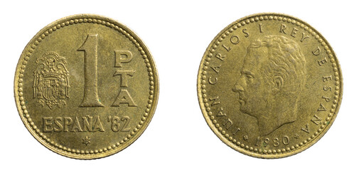 Spain one pta coin on white isolated background
