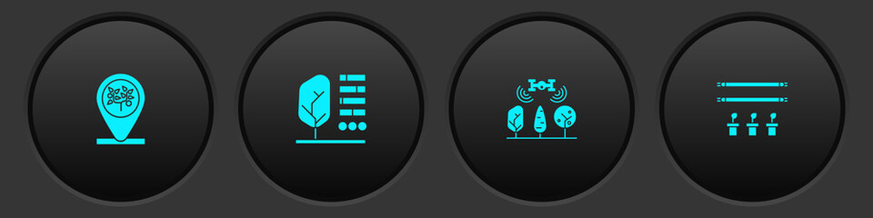 Set Location and tree, Plant status, Smart farm with drone and bulb plant icon. Vector.