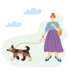 Woman walking with dog. Flat female character. Vector illustration.