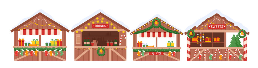 Christmas market stall kiosk set, traditional wooden winter Christmas fair marketplace - obrazy, fototapety, plakaty