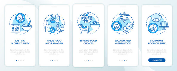 Fototapeta na wymiar Food choices in different religions blue onboarding mobile app page screen with concepts. Faith walkthrough 5 steps graphic instructions. UI vector template with RGB color illustrations