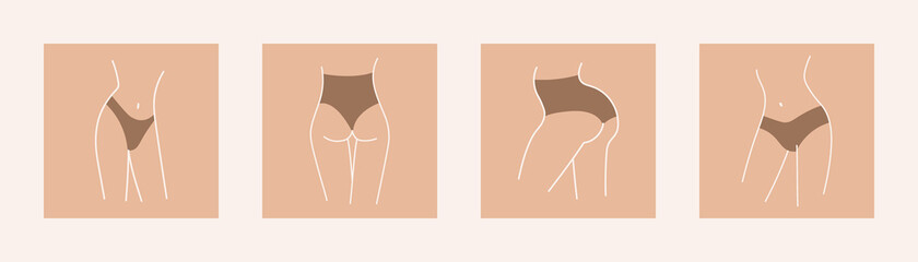 Sexy female bodies in panties. Slim waist, hips and legs. Butts of skinny girls. Set of vector linear illustrations for logo or design.