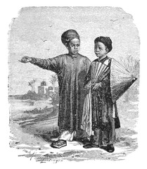 Fototapeta na wymiar Children from Annam, modern-day Vietnam. Culture and history of Asia. Vintage antique black and white illustration. 19th century.