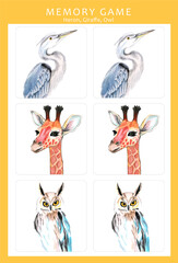 Memory game with hand drawn watercolor illustrations of colorful animals. Children play cards table game. Cut and play, find two identical pictures. Set of cards for children. Heron, giraffe, owl.