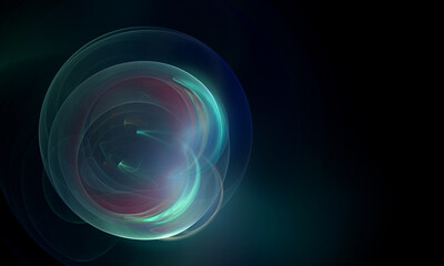 Abstract airy and transparent spherical shapes or bubbles with violet stains inside on dark blue space background. Swirls and spotlights, reflections, smoky curls and refractions inside the shape.	