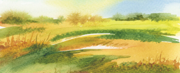 Fototapeta premium Summer (autumn) landscape . Abstract watercolor and acrylic flow blot smear painting. Color canvas texture horizontal background.