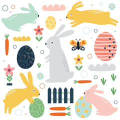 Seamless pattern with cute rabbit on white background