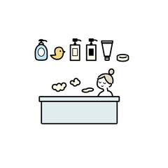 湯船でリラックスする人とお風呂グッズイラスト素材
