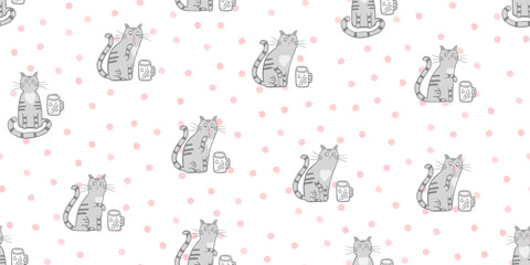Cute cat and pink dots seamless pattern. Vector cartoon character, cat with cap of coffee. Hand drawn illustration for children, kids, baby. Design for fabric, textile, wrapping. Soft gray colors