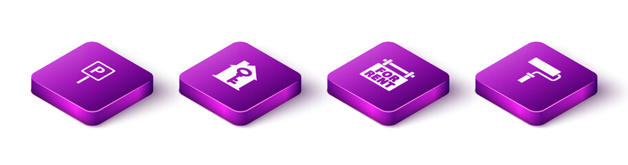 Set Isometric Parking, House with key, Hanging sign For Rent and Paint roller brush icon. Vector.