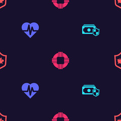Set Money with shield, Health insurance, Lifebuoy and Piggy bank on seamless pattern. Vector.