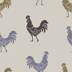 Vector seamless pattern with colorful rooster silhouettes on a light background. Rooster birds pattern.