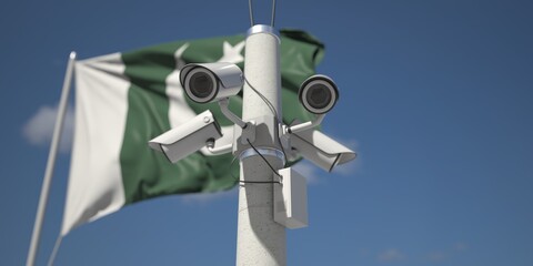 Outdoor security cameras near flag of Pakistan. 3d rendering