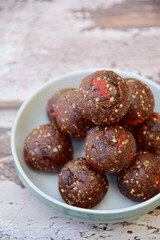 Chocolate goji berry raisin quinoa amaranth Brazil nuts energy balls