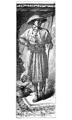 Fototapeta premium Soldier armed with spear, bodyguard of nobleman, Java, Indonesia. Culture and history of Asia. Vintage antique black and white illustration. 19th century.