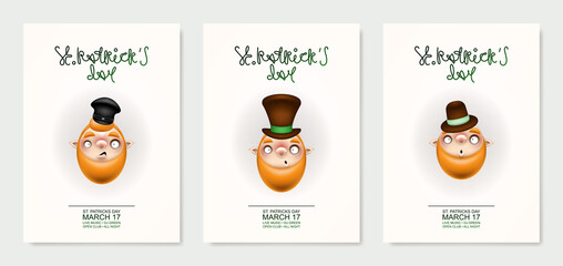 Happy St. Patrick's Day! Greeting card or invitation to a holiday or party. Curly holiday inscription with red head of funny cartoon Patrick. The character's face. Vector