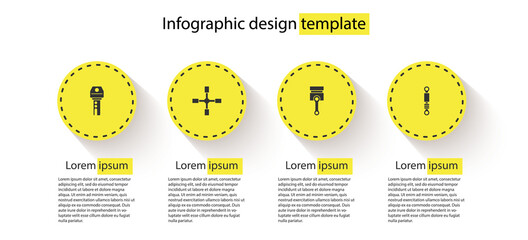 Set Car key with remote, Wheel wrench, Engine piston and Shock absorber. Business infographic template. Vector.