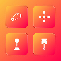 Set Timing belt kit, Wheel wrench, Gear shifter and Engine piston icon. Vector.