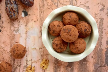 Walnut date chocolate energy balls. Flat lay