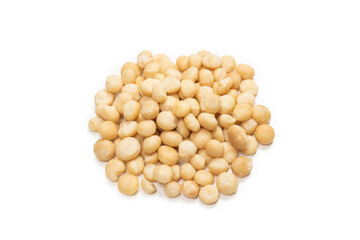 Macadamia nuts isolated on white background.
