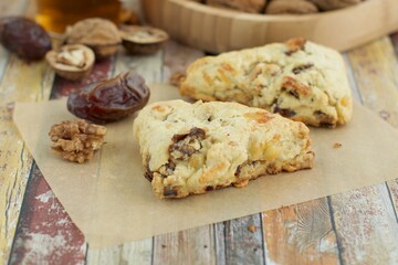 Homemade walnut date scones served with hot tea