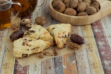 Homemade walnut date scones served with hot tea
