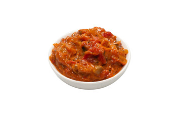 Vegetable stew in a bowl isolated on white background.