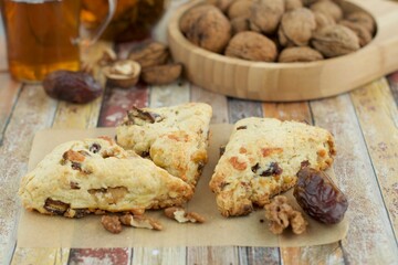 Homemade walnut date scones served with hot tea