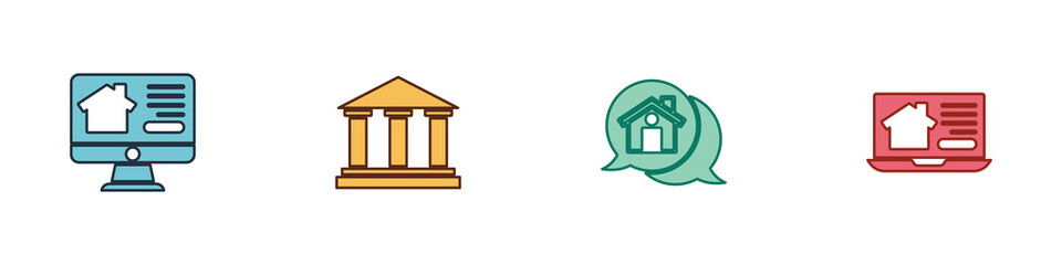 Set Online real estate house, Museum building, Real message and icon. Vector.