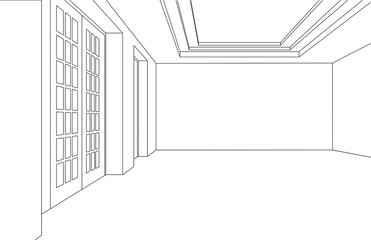 Line art drawing of empty white room with door and wall.  luxurious interior. vector illustration.