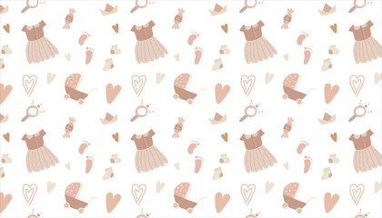 Pattern with newborn items for girl in Scandinavian style. Bohemian cartoon and trendy children pattern 
for invitation card, instagram, room decor, textile. Isolated vector.