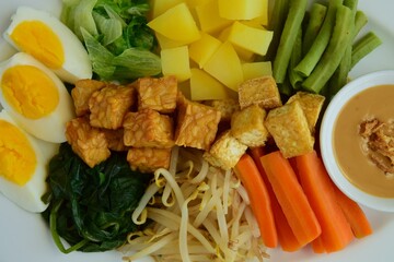 Traditional Indonesian Food, Gado-gado. Made from boiled vegetable, egg, tempeh and fried tofu served with peanut sauce