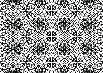 seamless mosaic with flowers and folk style ornaments drawn on a white background for coloring, vector, tile, coloring, book