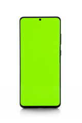 Mobile phone with green screen, isolated on white