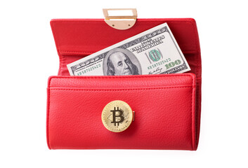 Red wallet with usd bills and bitcoin isolated on white