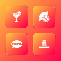 Set Margarita cocktail, Lemon, Fiesta and Mexican sombrero icon. Vector.