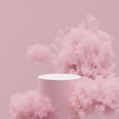 3D mock up podium in pink clouds on a pink background. Abstract background in minimal style for product presentation. Render scene with geometric shapes and empty space.