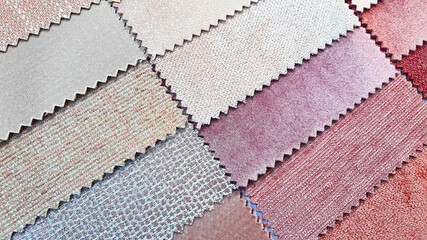 close up catalog of interior luxury fabric sample chart showing multi texture ,pattern and color tone. interior drapery and curtain samples in candy color palette.