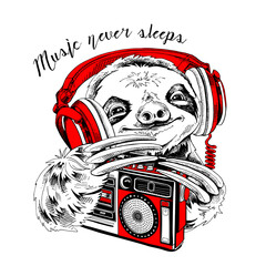 Funny smiling Sloth in a red headphones with a retro Audio Tape Recorder. Music never sleep - lettering quote. Humor card, t-shirt composition, hand drawn style print. Vector illustration.