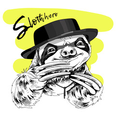 Adorable smiling sloth in a black top hat and in a hero mask on a yellow background. Humor card, t-shirt composition, hand drawn style print. Vector illustration. © Afishka