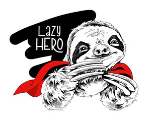 Adorable smiling sloth in a red cloak and in a black hero mask. Humor card, t-shirt composition, hand drawn style print. Vector illustration. © Afishka
