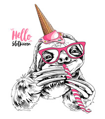 Adorable smiling Sloth in a pink glasses, ice cream party hat, and with a party whistle blowing. Happy birthday humor card, t-shirt composition, hand drawn style print. Vector illustration. - 418355775